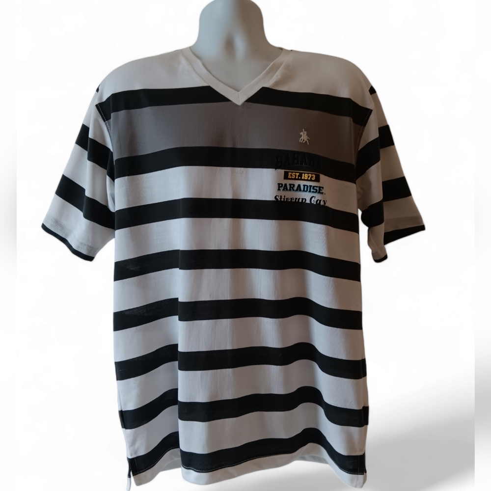 Four Cast Bahamas men's black/white striped short-sleeve v-neck t-shirt size XL